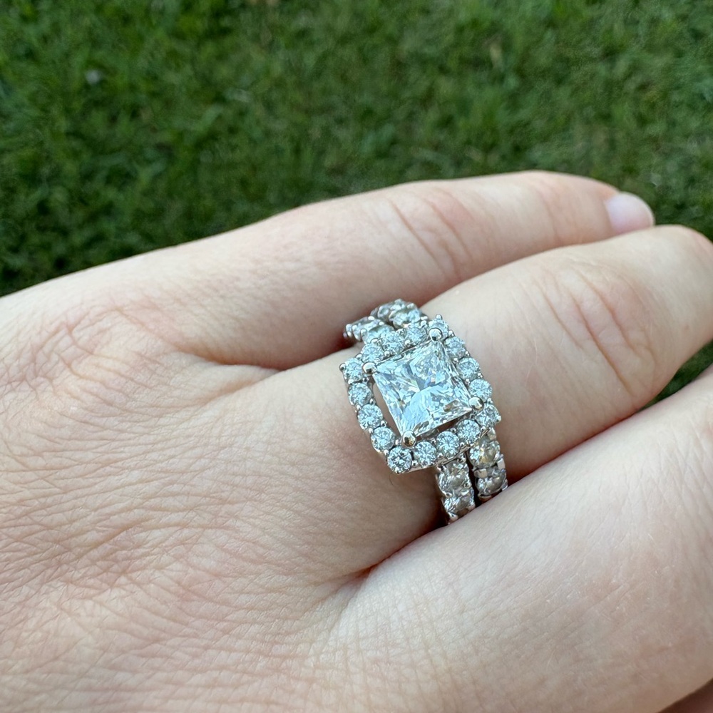 Lab 2.5ctw IGI Diamond Princess 14k WG Engagement Ring & natural 1ctw Band SZ 7
